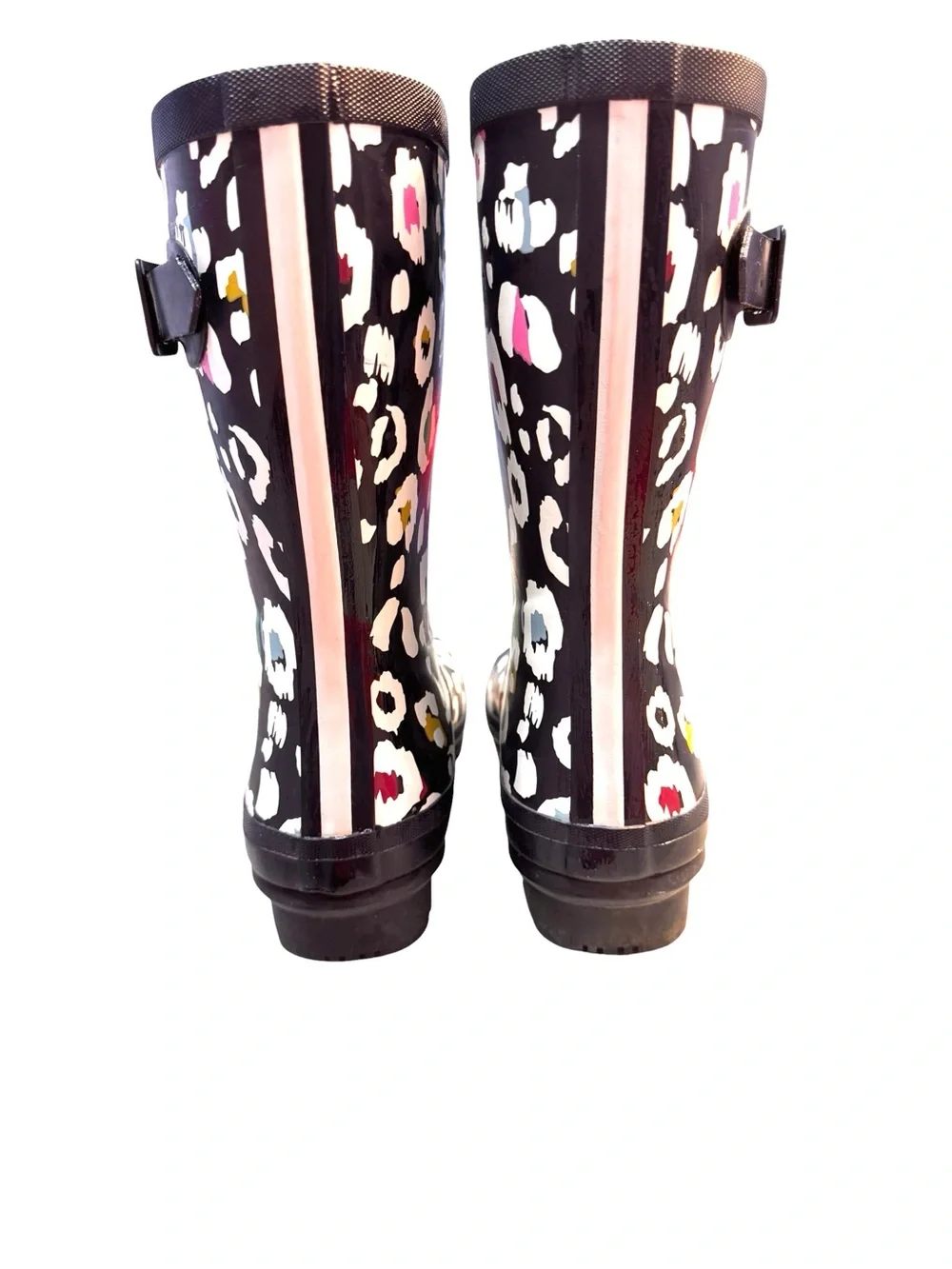 Joules Molly Welly Navy Rain Boots with Multicolor Leopard Spots, Sz 9, EUC